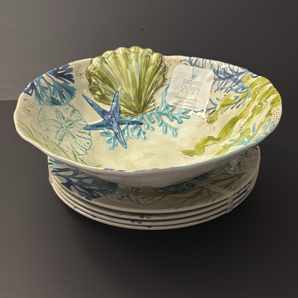 5pc SIGRID OLSEN Blue and Green Coastal Art Bowl & Dinner Plate Set - Melamine